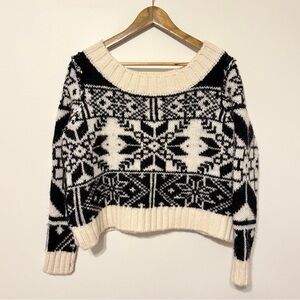 Free People Black and Cream Fair Isle Cropped Sweater
